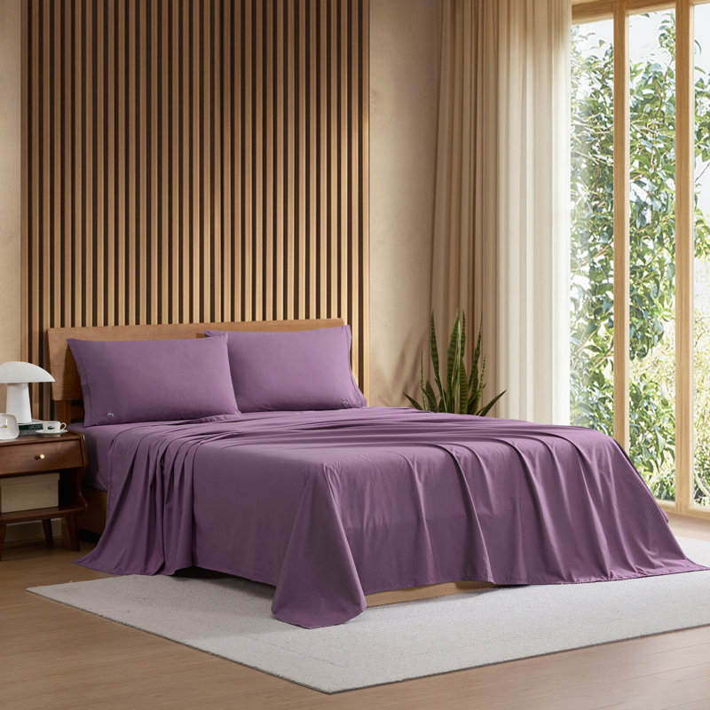 Lacoste Cotton Percale Sheet Set, Crisp Feel & Breathable Bedding, Deep Pocket Fitted Sheet, Plum, Twin, Plum