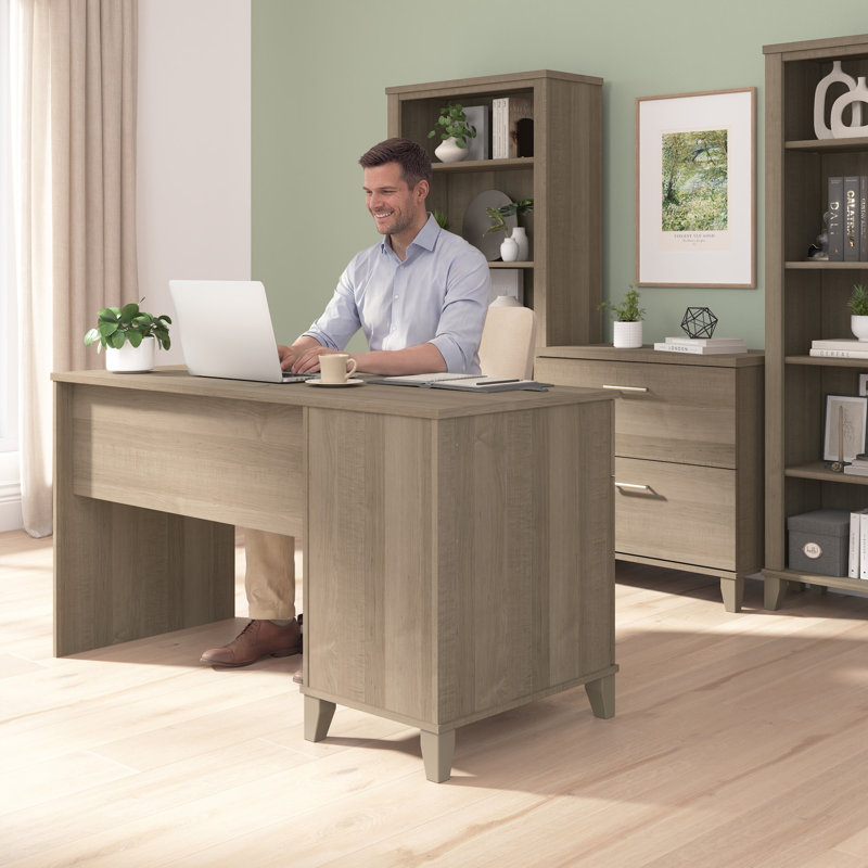 Orkurga 54” Office Desk with Drawer and Cabinet, Computer Office Desk with Storage, Modern Wood, Ash Grey, Ash Grey