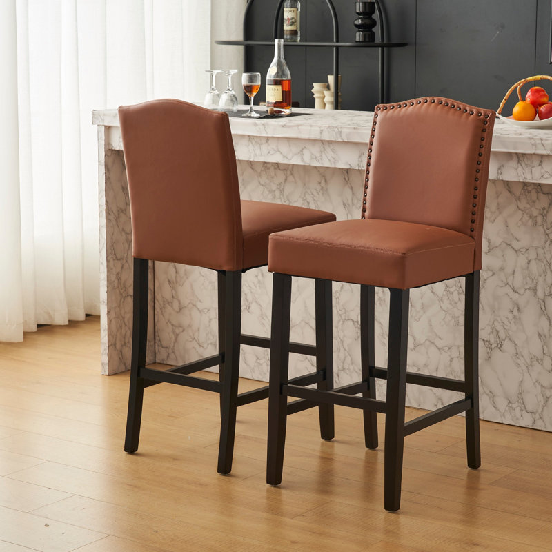 Ensemble de 2 tabourets de bar rembourrés pour îlot de cuisine avec pieds en bois d'hévéa et similicuir avec capacité de poids de 300 lb