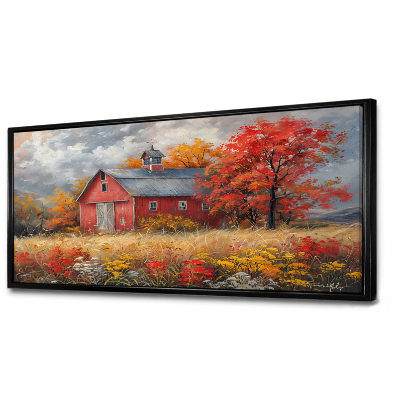 Automne rouge grange brise I - impressions encadrées de grange, Toile avec cadre flottant noir, H 28 po x l 60 po x P 1,5 po