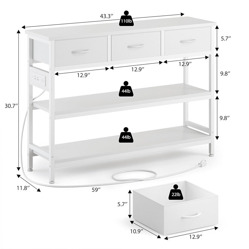 White 43" Console Table with Storage and Power Outlets
