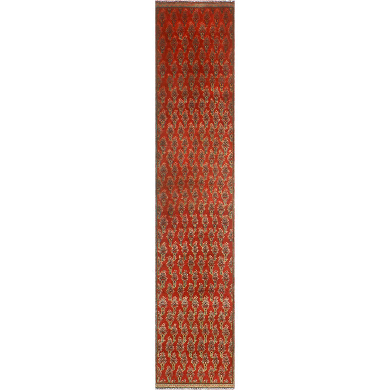 One-of-a-Kind 1'6" x 7'4" 1980s Runner Wool Area Rug in Green and Red