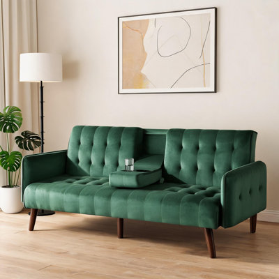 Canapé-lit moderne en lin vert pliable en lit double intégré avec porte-gobelet et table rabattable