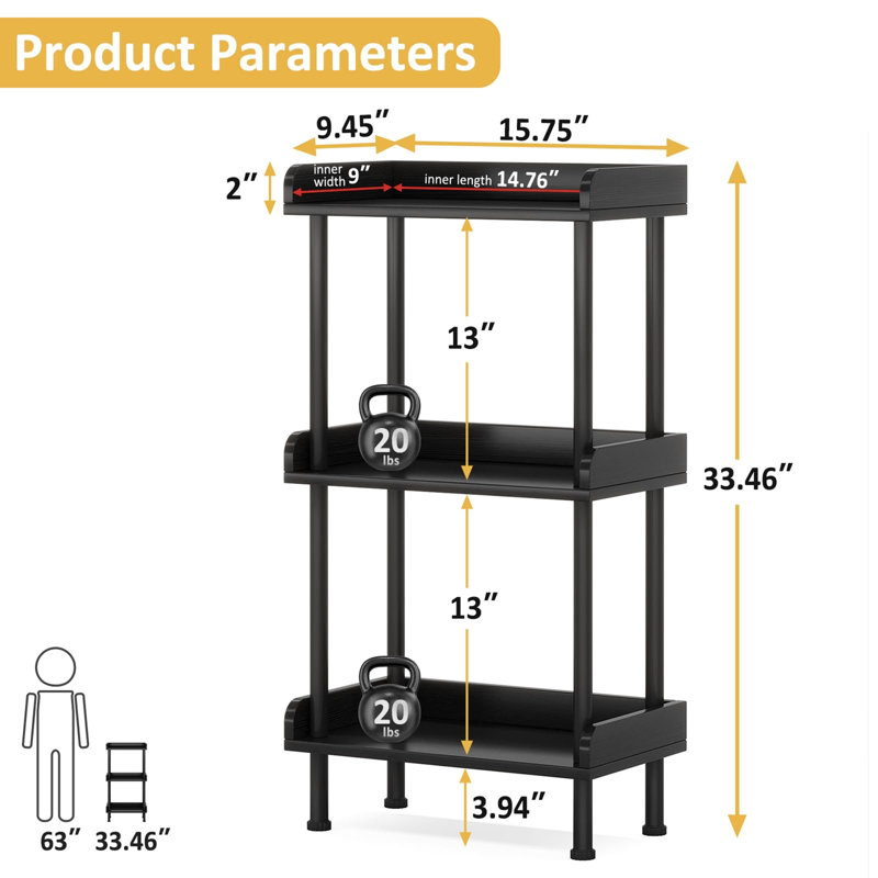3 layers wooden bookcase industrial small bookshelf, Black