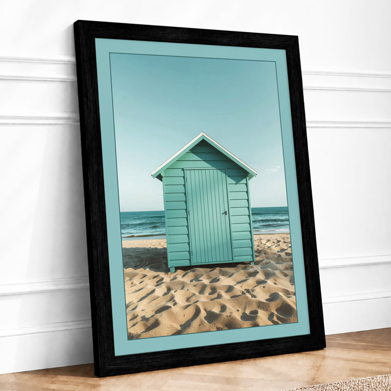 Turquoise Beach Hut Coastal - Framed Print, A1 - 84.1 x 59.4 cm, Black