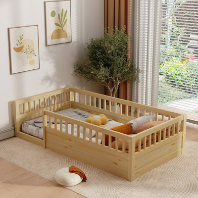 Floor Bed Frame with Fence Wood Kids Floor Beds Frame for Bedroom
