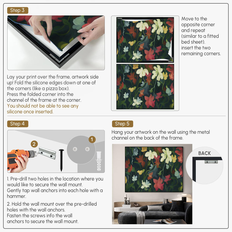 Très grand art mural imprimé sur tissu - Motif floral abstrait coloré, décoration pour le salon ou la chambre à coucher - «Assemblage requis du cadre (cadre non fini)»