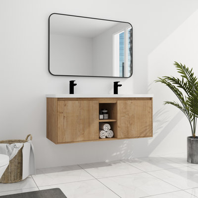 Meuble-lavabo mural 48 po avec deux lavabos - Plateforme avec porte à fermeture douce et aspect moderne