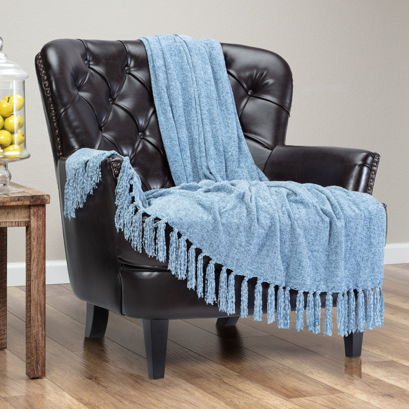 Cerulean Blue Knitted Acrylic Throw Blanket with Tassels - 50" x 65"