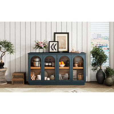 Buffet de rangement bleu marine. 4 portes avec tablettes réglables pour la salle à manger. Conception élégante. Armoire à trou de câble 4 portes. Design élégant,