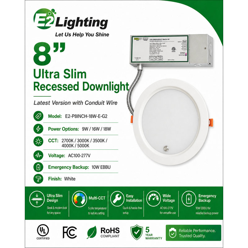 E2 Lighting 8-Inch Ultra Slim Recessed LED Downlight with 10W Emergency Battery Backup, 3 Adjustable Wattages, 5CCT, Gen 2, White, Latest Version with Conduit Wire