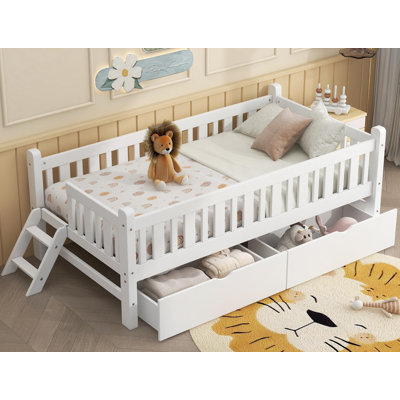 Lit plateforme simple en bois avec garde-corps et 2 tiroirs