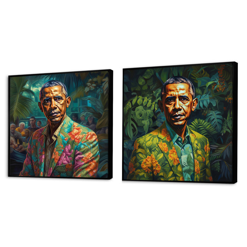 Obama Miami Vibes - président carré, ensemble de 2 collages, Cadre flottant noir, H 36 po x l 73 po