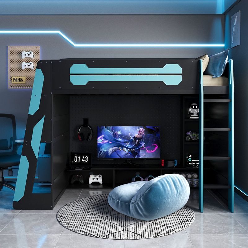 Lit mezzanine avec bureau intégré et station de charge, Lit simple, Noir / Bleu