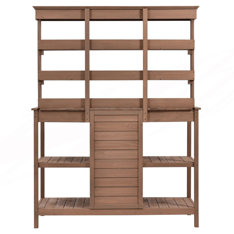 Table de jardin d'extérieur avec 2 tiroirs, poste de travail de jardin avec armoire et tablettes ouvertes, Brun