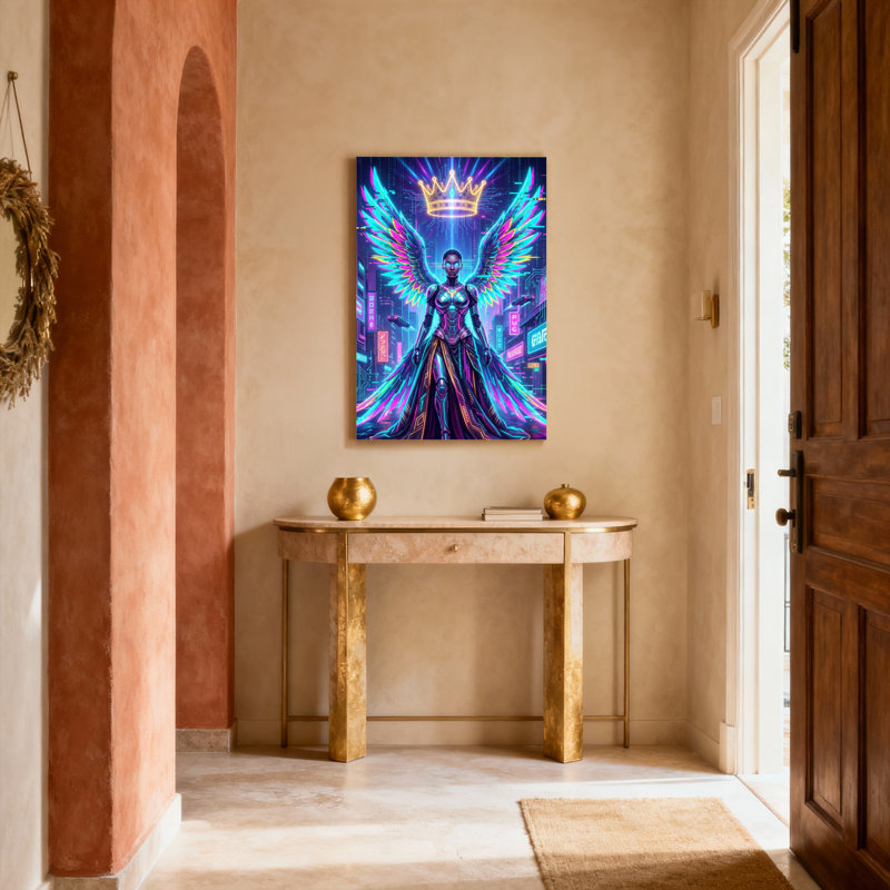 Ensemble de 1 tableau sur toile « Reine Cyber ​​Néon avec Ailes et Couronne », H 24 po x l 16 po