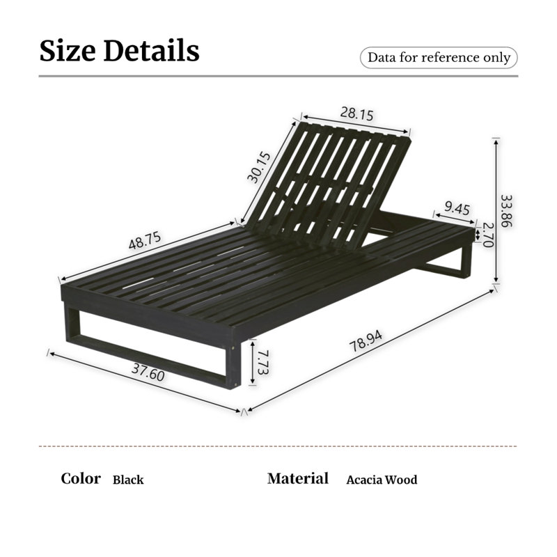 Chaise longue d'extérieur en bois d'acacia noir avec dossier réglable et surface de table d'appoint, Noir