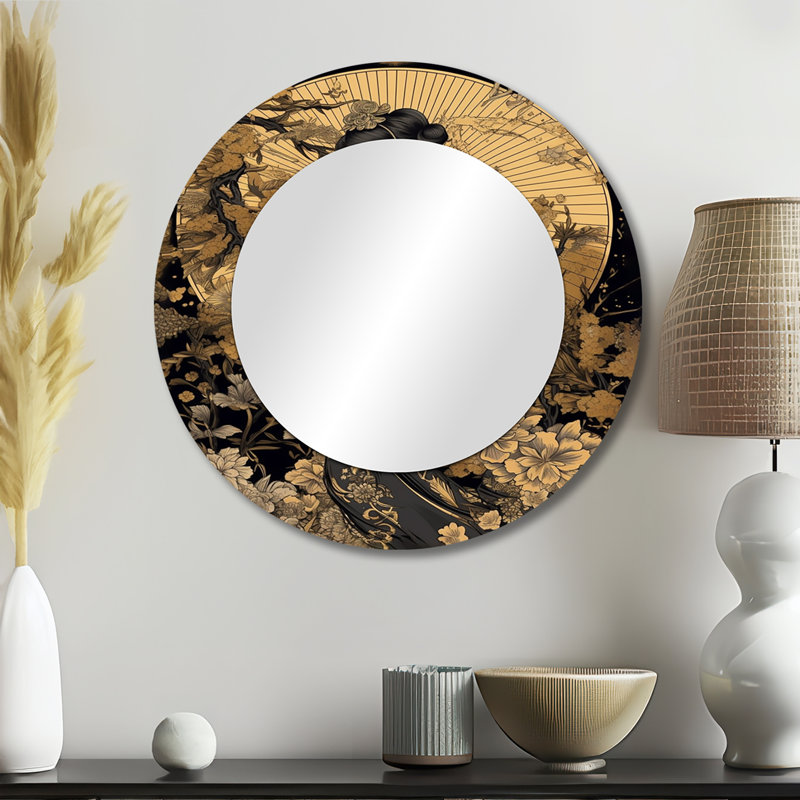 Ferrucci Elegant Japanese Woman I - Woman Decorative Mirror, Gold Round Wall Mirror, Printed Metal Art, 23" x 23"