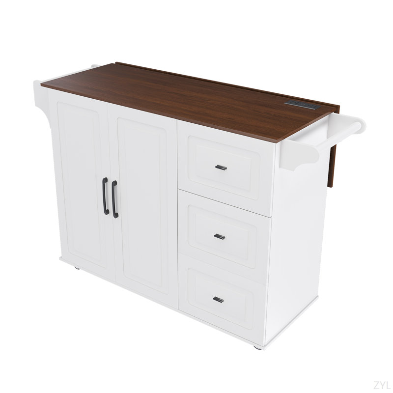 Chariot pour îlot de cuisine blanc avec plateau pliable et abattant