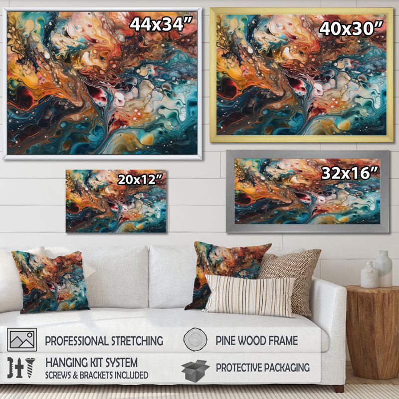 Impression sur toile abstraite bleu sarcelle marbré - fantaisie I, H 16 po x l 32 po x P 1 po, Toile tendue
