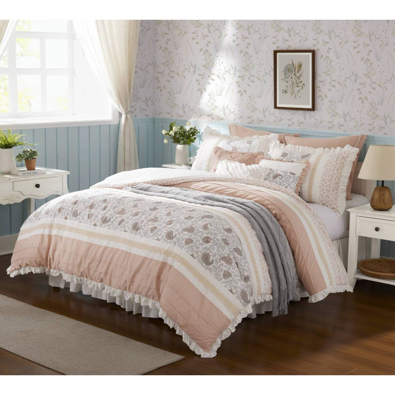 Ensemble d'édredon 9 pièces en percale de coton Blush King, Rosé, Très grand édredon + 8 pièces supplémentaires 