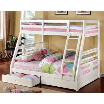 Lit simple superposé au dessus d'un lit double de style transitionnel moderne comprenant deux grands tiroirs pour le rangement sous le lit et une échelle attachée blanche