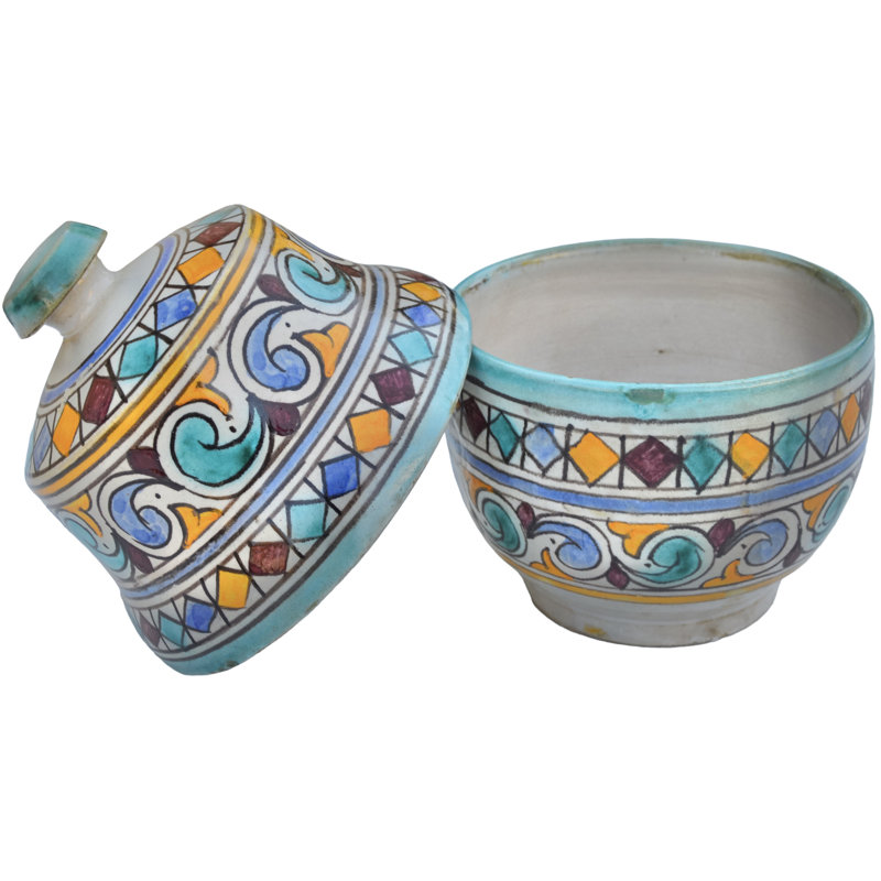 Bol à couvercle marocain en céramique orange et turquoise du milieu du 20e siècle