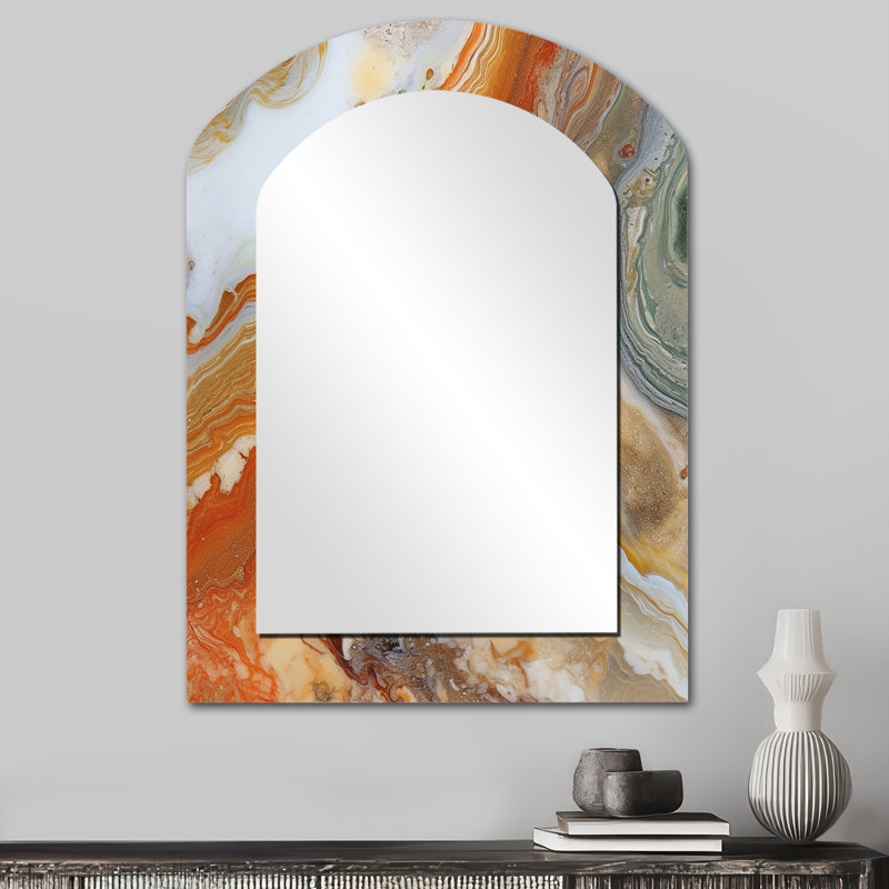 Symphonie orange orange beige - miroir décoratif à arche abstraite, miroir mural asymétrique orange, impression d'art en métal