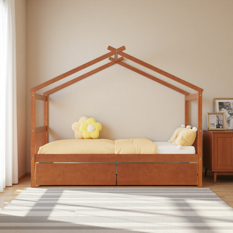 Lit simple en bois avec tiroirs, Noyer, Lit simple