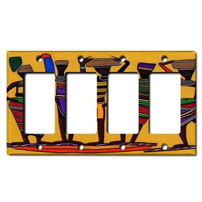 Native African Culture Women Orange Copper Rust Patina Teal Print 4 - Gang Toggle Light Switch Standard Wall Plate