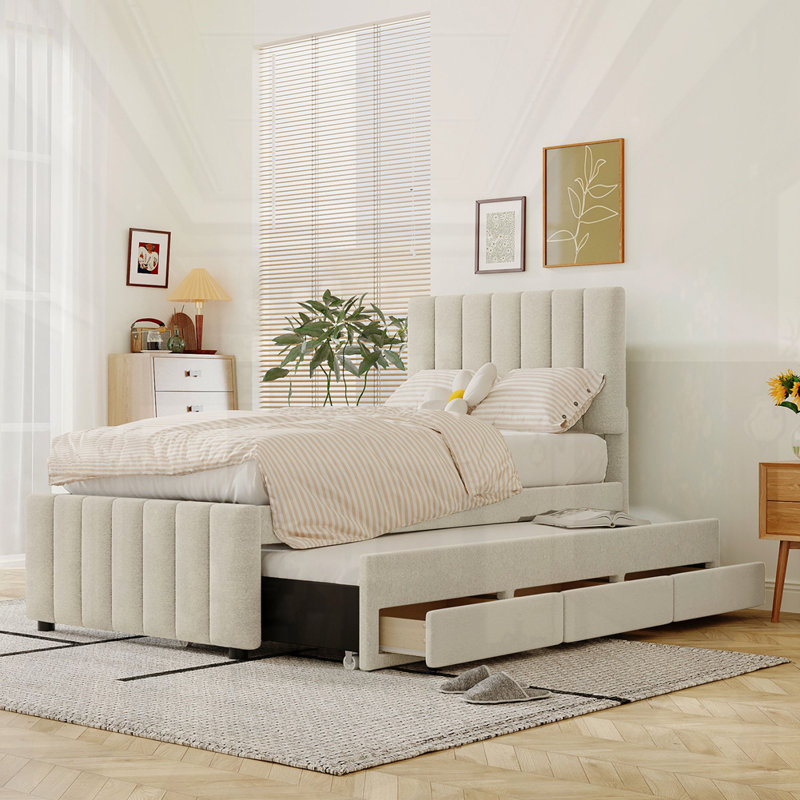 Lit plateforme tapissier simple avec lit gigogne et tiroirs, Beige
