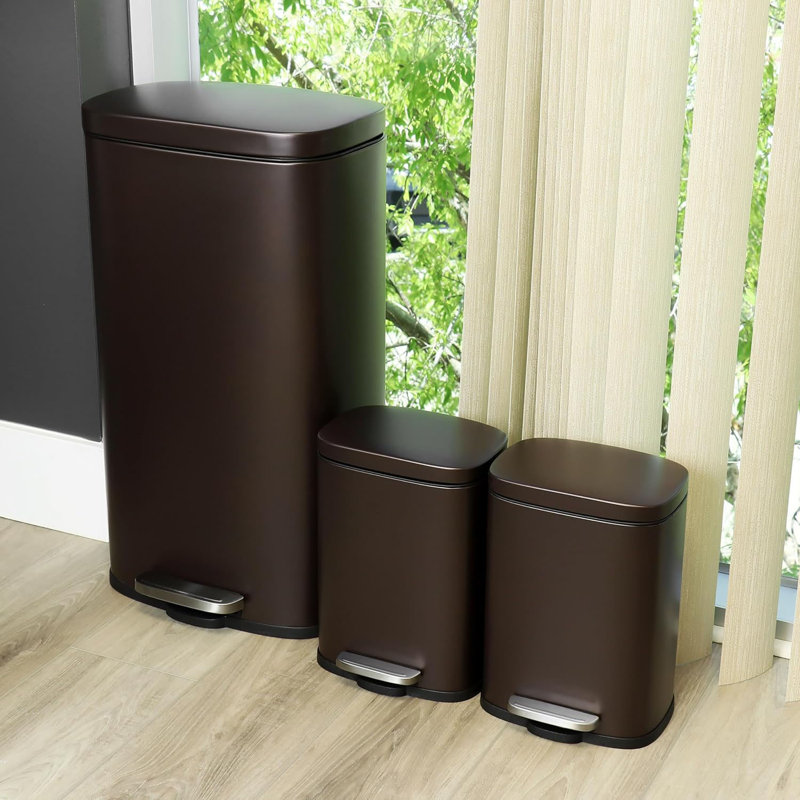 Ensemble de poubelles 3 pièces, bacs à marches en acier inoxydable, fermeture lente, bronze mat