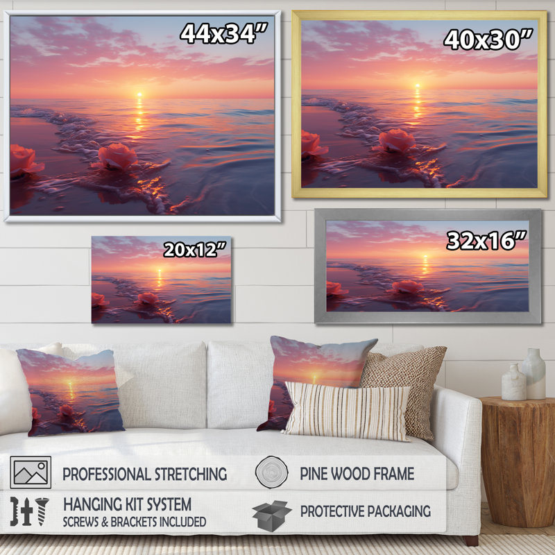 «Beach Cotton Candy Sunset Skies I» - art mural coucher de soleil côtier, H 24 po x l 32 po x P 1 po, Cadre flottant brun
