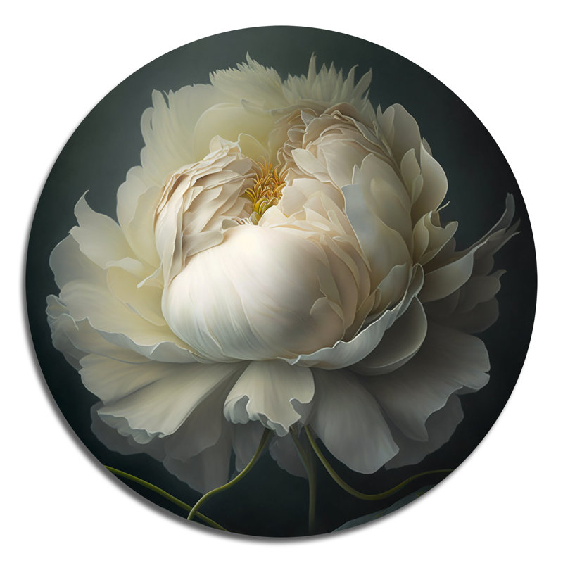 Pivoine blanche sur fond noir I - Art floral rond en métal, H 23 po x l 23 po