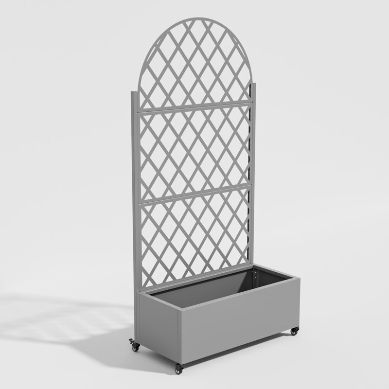 Cedar Metal Rectangular Individual Planter Box With Trellis With Wheels, Gray
