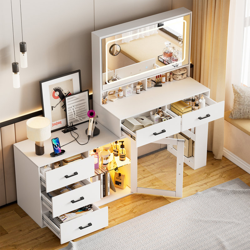 White Makeup Vanity Desk With Mirror And Lights & Charging Station, 3 Color Modes & Adjustable Brightness Dressing Table, Corner Vanity, L Shape Change