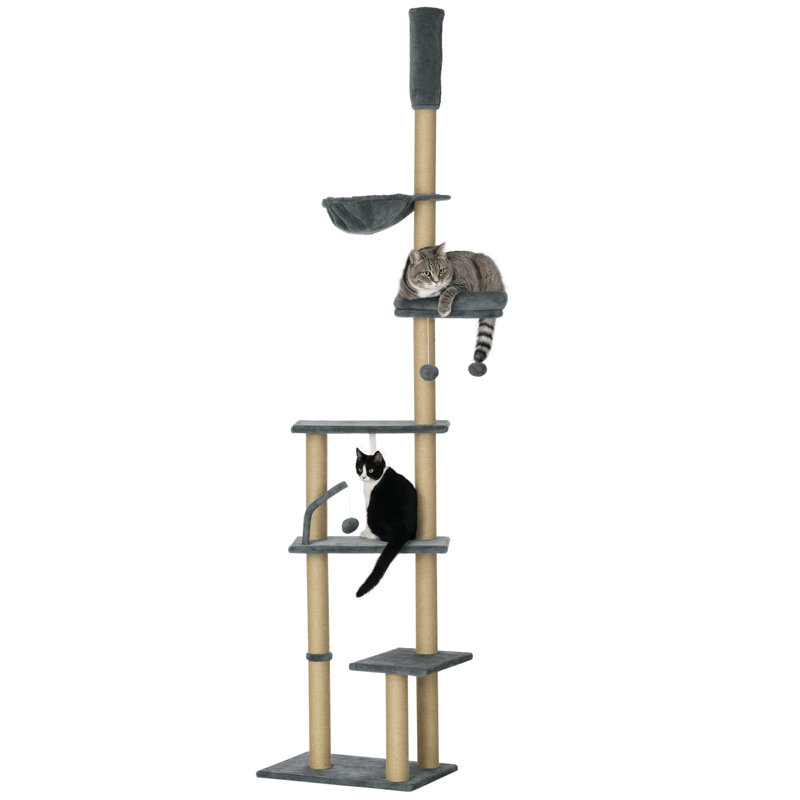 arbre à chat jusqu'au plafond, hauteur réglable de 90,5 po à 98,5 po, gris