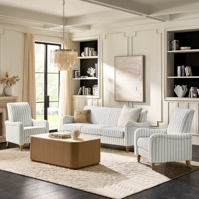 Terren 3-Piece Farmhouse Living Room Set with Solid Wood Spindle Legs, Blue