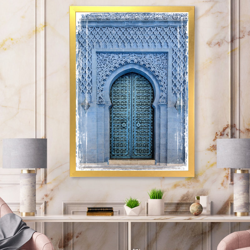 Porte d'entrée en bois traditionnelle marocaine traditionnelle - photographie sur toile, H 20 po x l 12 po, Cadre doré