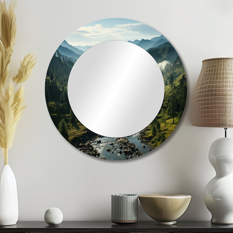 États-Unis, grand paysage de montagnes fumées III - États-Unis, grand miroir mural, miroir décoratif rond traditionnel, impression d'art en métal