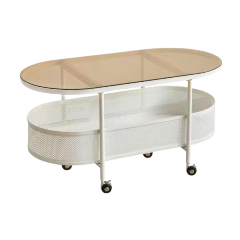 Table basse ovale en métal et verre avec rangement mobile, blanc