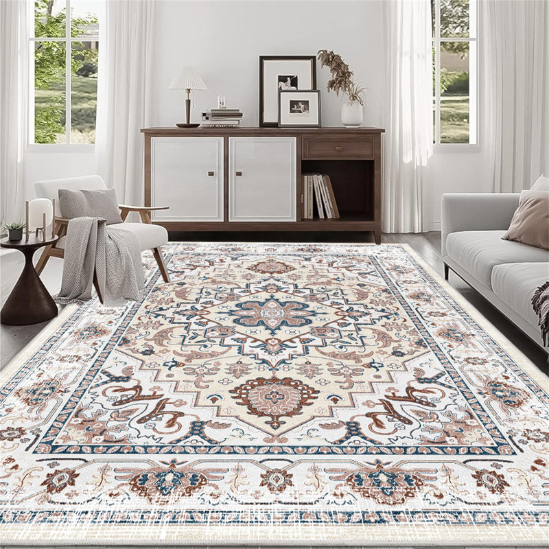 Area Rug 6X9 Vintage Bohemia Large Persian Non-Slip Washable Rug For Living Room Kitchen Bedroom Living Room Flower Design
