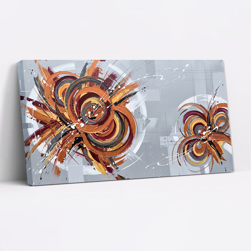 Toile murale abstraite à motifs tourbillonnants orange et bourgogne sur fond gris, 58“W x 28”H