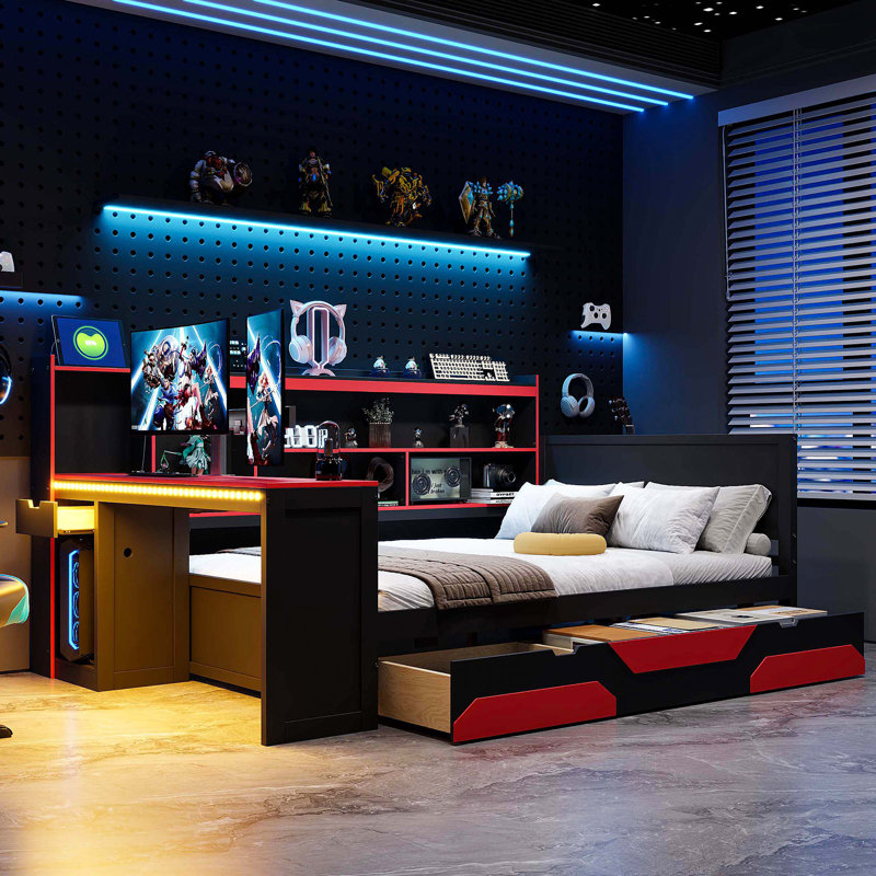 Full Size Gaming Daybed with Integrated Desk and Lights, Modern Wooden Bed Frame with 3 Storage Drawers and Built-in Charging Station, Multi-Functional Headboard Bookcase, Black+Red