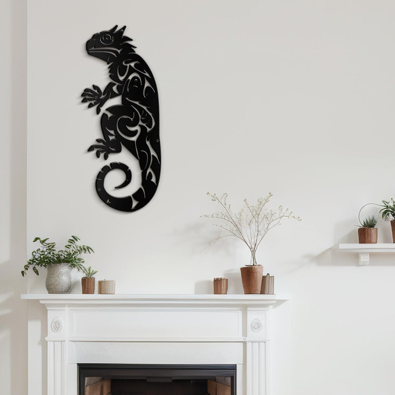 Lézard animal moderne abstrait sculpture murale décorations murales salon, H 36 po x l 12 po x P 0,05 po, Noir