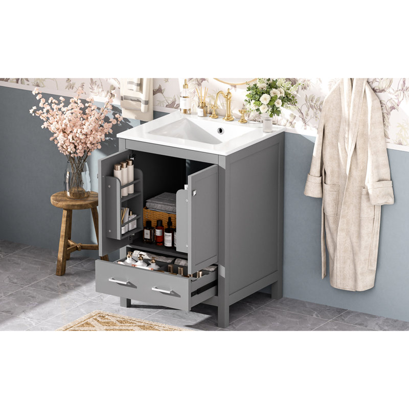 24 - Inch Transitional Bathroom Vanity With Ample Storage, Soft Close Doors, And Solid Wood Construction For Longevity 24" Gray Spacious Under Cabinet Area, Hinges, Hand Painted Finish