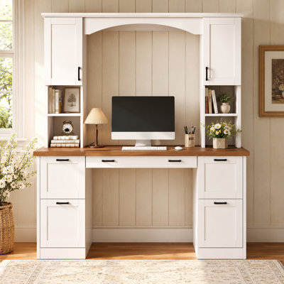 Bureau de direction de ferme avec huche arquée, bureau d'écriture pour bureau à domicile, bureau, table de travail avec plateau à clavier, station de chargement et tiroir à dossiers (plateau en noyer)