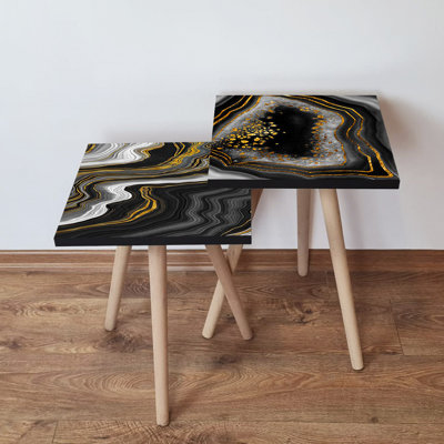Ensemble de 2 tables gigognes élégantes en marbre, noir et or et blanc, 13,8 po x 18,5 po x 13,8 po | 100% panneau de fibres à densité moyenne avec pieds en bois de hêtre, style contemporain pour le salon et la maison, peu encombrant et élégant