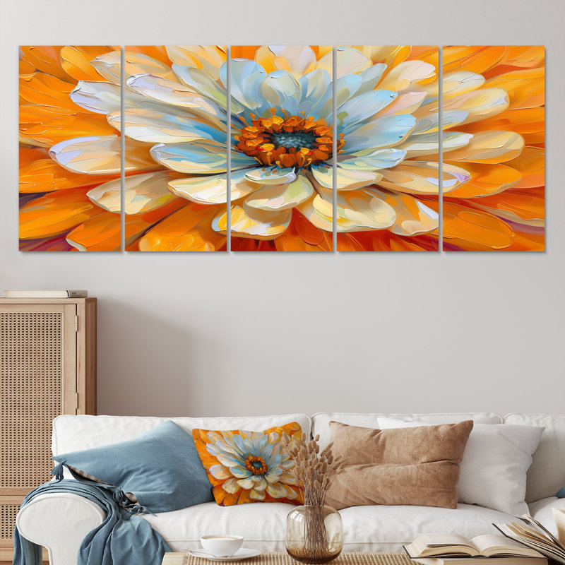 Ensemble de salon art mural pissenlit blanc orange rayonnant, H 28 po x l 60 po