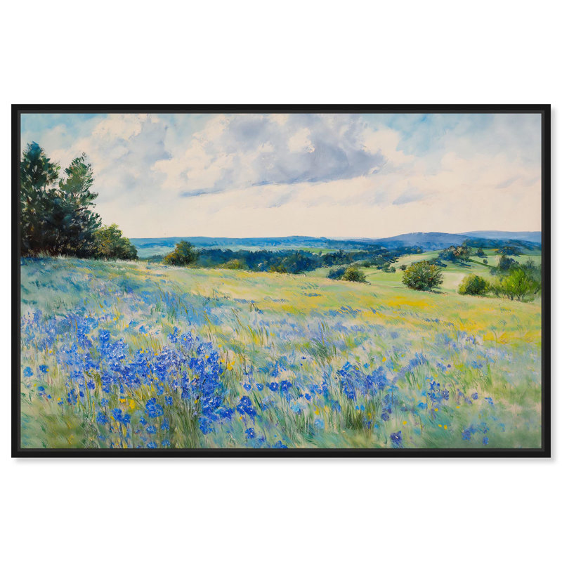 «Sky Over Blue Fields» par Art Remedy, Cadre flottant noir, H 31 po x l 46 po